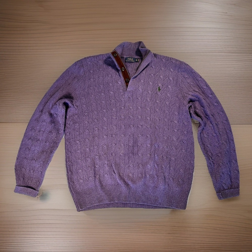 90s Ralph Lauren Silk Quarter Zip Sweater Mens XL Purple Cable Knit Suede Preppy